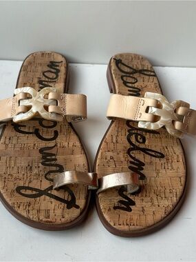 Sam Edelman Leather Toe Ring Sandals Womens US 8 Nude Pearl Buckle Flats